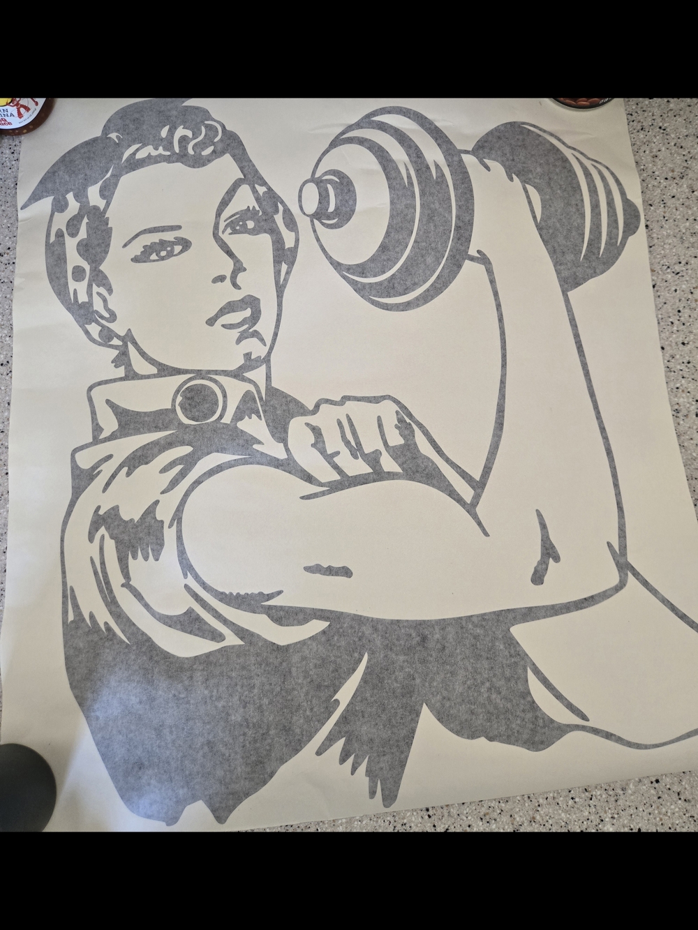Retro Rosie the Riveter Wall Decal Print - Gray on Cream